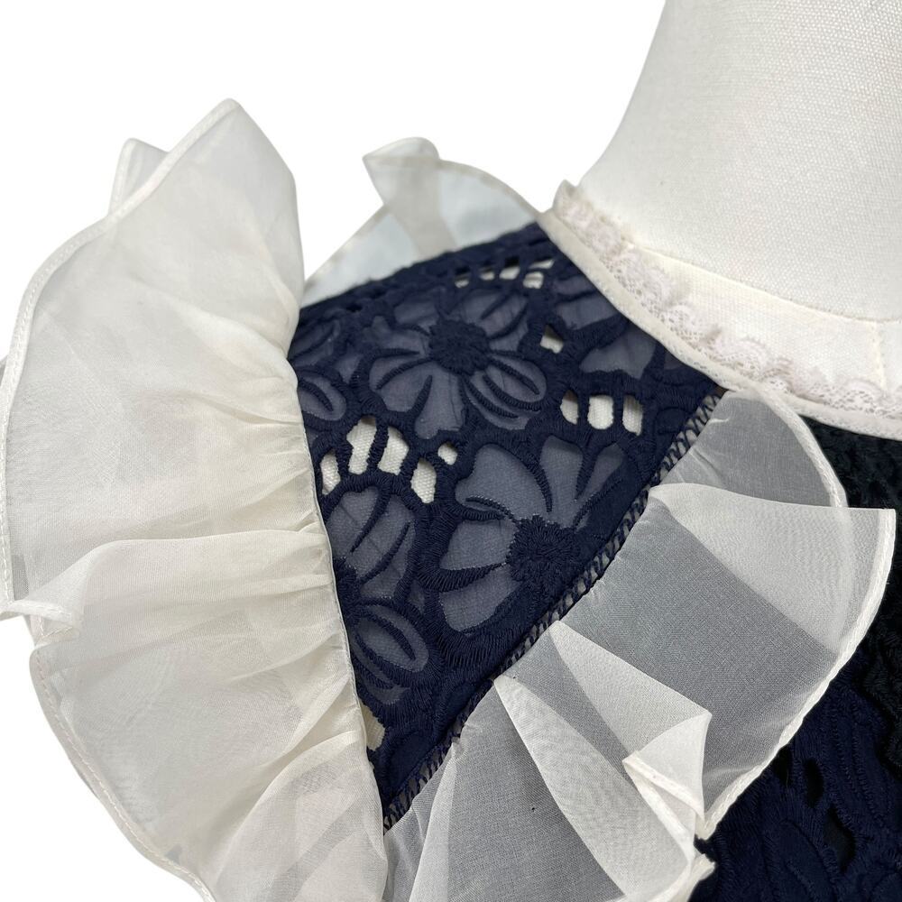 Rebecca Taylor Women's High Neck Ruffle Lace Dress Size 6 Navy Ivory OOAK - Picture 3 of 15